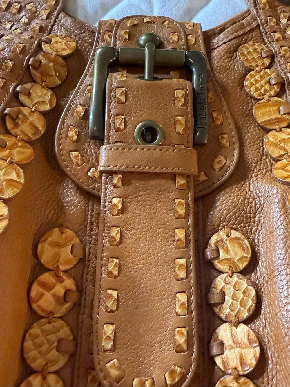 Isabella Fiore Vintage Cognac Brown Leather Whipstitch Applique Hobo Bag